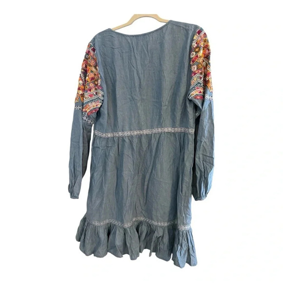 Boston Proper Beaded Long Sleeve Chambray Ruffle Hem Mini Dress Size 12 - Picture 6 of 12